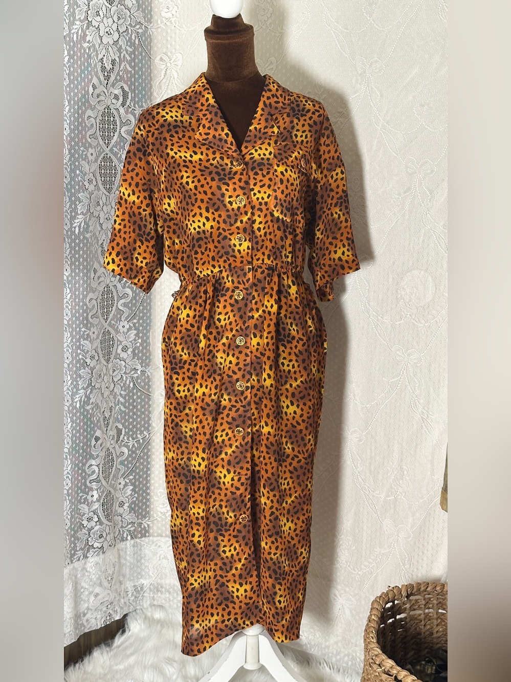 Leslie Fay Yellow and Brown Leopard-Print Button-Front Midi Dress